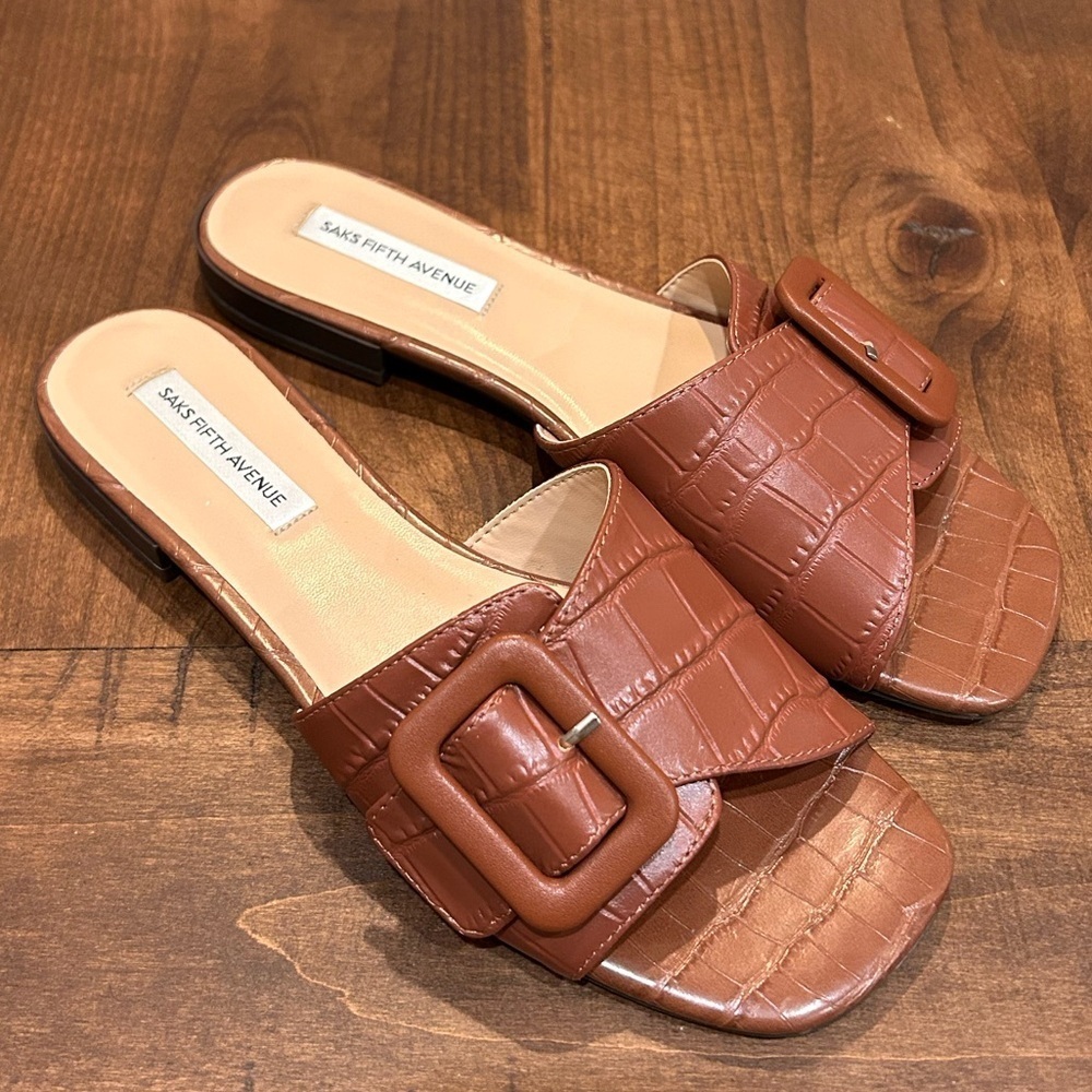 Saks Fifth Avenue Brown Leather Croc Embossed Buckle Slide Sandals 6.5